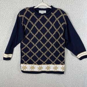 Vintage Norton McNaughton Sweater Tunic Top Womens Size Large Blue‎ Gold White